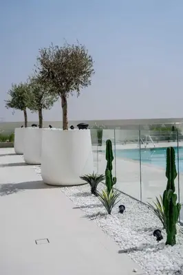 a row of white planters with trees and a pool at Lavish Studio Apt in Binghatti Azure - Pool & Gym in Dubai