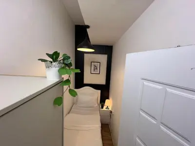 a hallway with a white door and a plant at Comfort Nock Partition Room Near Mall Of emirates in Dubai