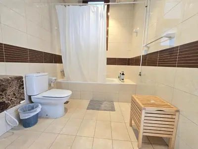 a bathroom with a toilet and a tub and a shower at Efficiancy studio 6mins walk to metro Near DWTC in Dubai