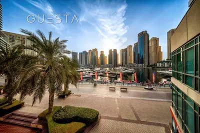 a view of a city skyline with a palm tree at Al Majara 1 BDR plus Guest Bedroom, Dubai Marina in Dubai