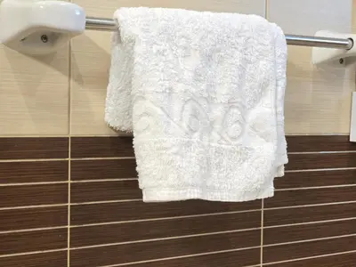 a white towel hanging on a towel rack in a bathroom at Charming Studio Near World Trade Center & Subway in Dubai