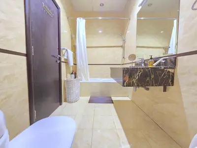 a bathroom with a sink and a shower and a toilet at Airy and Bright Near DIFC and the Subway in Dubai