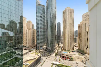 a view of a city with tall buildings at Sea View 2BR Apartment With Private Beach in Dubai