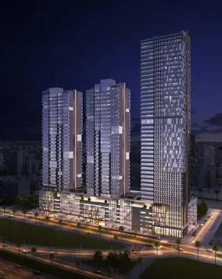 a group of tall buildings in a city at night at Resort lifestyle, Fantastic Views, Bright & Brand new in Dubai