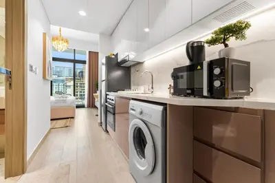 a kitchen with a washer and dryer on a counter at Cozy Downtown Studio Dubai Retreat in Dubai