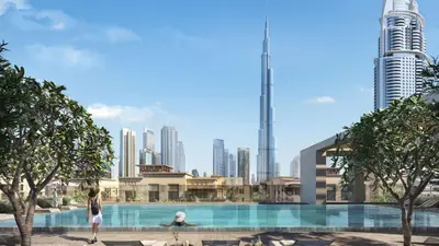 a rendering of a city skyline with a swimming pool at Burj Royale Luxury Burj Khalifa dubai mall downtown city centre in Dubai