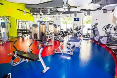 a gym with cardio machines and treadmills at Jbr shams apartment in Dubai