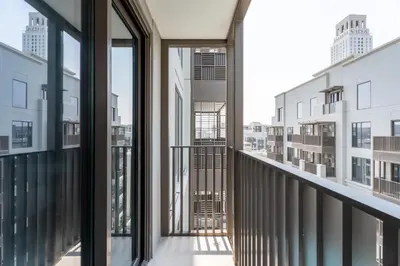 a view from the balcony of a building at GuestReady - Coastal Style l 2Bed l Lagoon Escape in Dubai