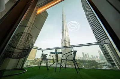 a view of the shard from a window in a skyscraper at Full Burj Khalifa Views at Burj Vista in Dubai