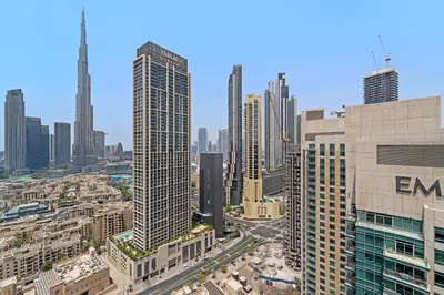 an aerial view of a city with tall buildings at Lux Retreat with Iconic Burj Khalifa Views in Dubai