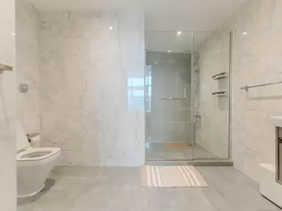 a white bathroom with a shower and a toilet at Continental Tower Stylish 2BR and Private Hot Tub in Dubai