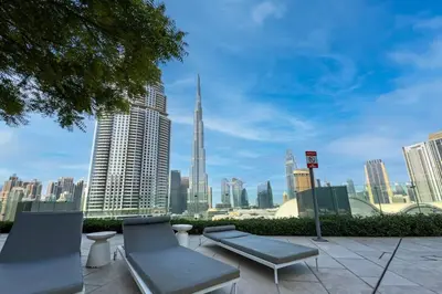 a view of a city skyline with buildings at Iconic Address 1BR Above Dubai Mall by Maxx value homes in Dubai
