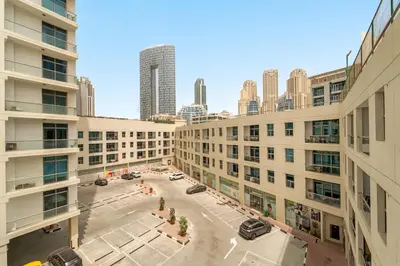 an aerial view of a parking lot in a city at Inviting Dubai Marina Studio near Beach and Canal in Dubai