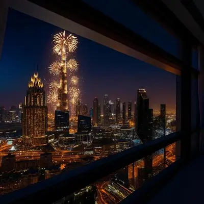 a view of a city with fireworks in the sky at DIFC Index Tower Burj Khalifa View 1BR in Dubai