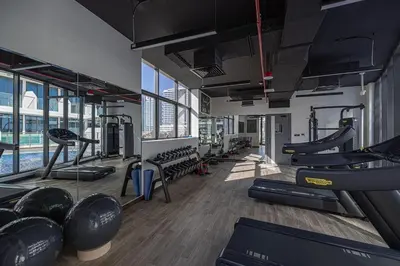 a gym with several treadmills and a swimming pool at Park Views by Samana with Private Pool in Dubai