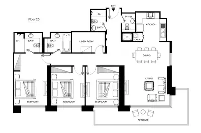 a black and white floor plan of a house at LUX The Creek Palace Residence Suite 2 in Dubai
