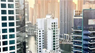 an aerial view of a city with tall buildings at MARINA VIEWs STUDIO APARTMENT in Dubai