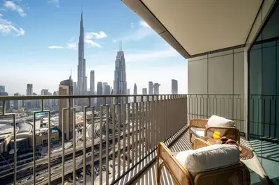 a balcony with a view of a city skyline at 4BR Gem in Downtown with Full Burj Khalifa View and Dubai Mall Access in Dubai