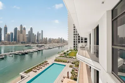 a view of a river from a building at Luxury 2BR Retreat Gorgeous Beach & Skyline Views in Dubai
