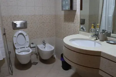 a bathroom with a toilet and a sink at Spacious 1 BR in Sulafa Tower in Dubai