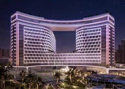 a rendering of a large building at night at Seven Palm Studio - Direct Beach Access- Rooftop Infinity Pool in Dubai