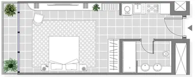 a floor plan of a room with a bathroom at Seven Palm Studio - Direct Beach Access- Rooftop Infinity Pool in Dubai