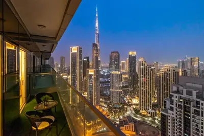 a view of a city skyline from a building at Luxe High-Rise with Burj Khalifa and Sunset view in Dubai
