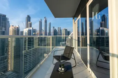 a balcony with a view of a city skyline at Luxury Apartment in the Heart of the City in Dubai