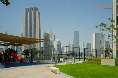 a view of a city skyline with a playground at Bnbeyond Skyline Luxury in Dubai