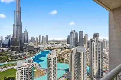 a view of a city skyline with tall buildings at Breathtaking Burj Khalifa & Fountain Views! in Dubai