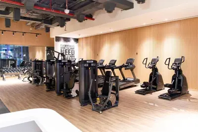 a gym with rows of treadmills and elliptical machines at LUX Infinity Pool, Private Beach, GYM, Parking in Dubai