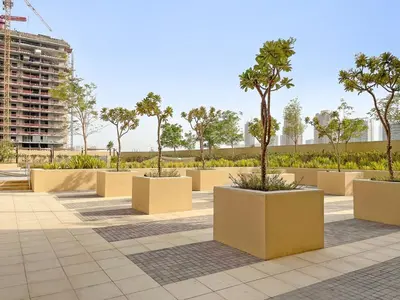 a row of palm trees in a park at FIRST CLASS Studio Cozy Elegance in Dubai