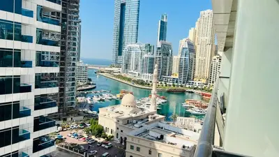 a view from a window of a city at Marina View Retreat 1BR In Escan Tower Marina in Dubai