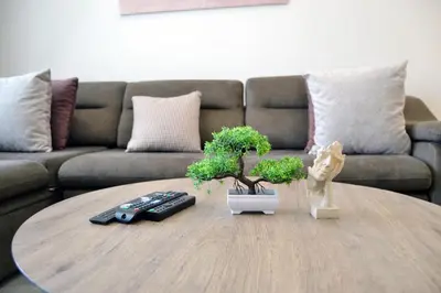 a coffee table in front of a couch with two bottedamentsolitics at Cozy spacious Modern 1 bedroom Apartment in Dubai