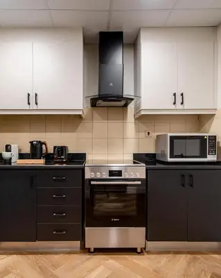 a kitchen with a stove and a microwave at Elegant 2-Bedroom Apartment with Breathtaking Cityscape in Dubai