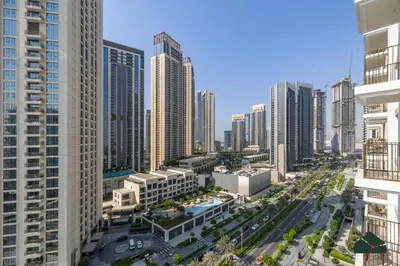 an aerial view of a city with tall buildings at Luxurious 2BR with Sea and Burj View by BMS in Dubai