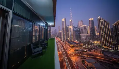 a view of a city skyline from a building at Amazing Burj Khalifa Views with Highest Infinity pool in Dubai