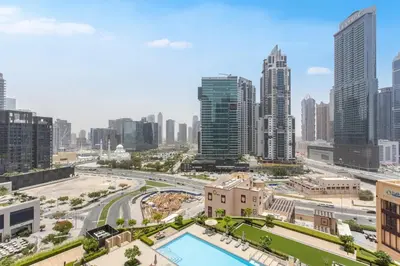 a view of a city skyline with buildings at Downtown Luxury 2 Bed Apartment in Dubai