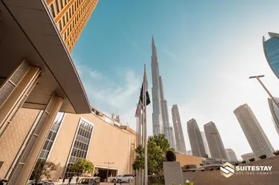 a view of the burj khalifa from the street at Suitestay-Fahion Avenue Dubai mall in Dubai