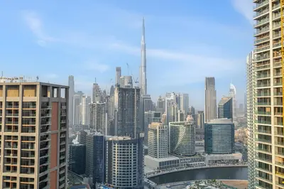 a view of a city skyline with tall buildings at 1BR with Direct Burj Khalifa View in Dubai