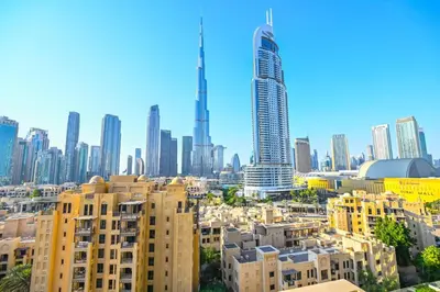 a view of a city with tall buildings at Full Burj Khalifa View, 3min Walk to Dubai Mall in Dubai