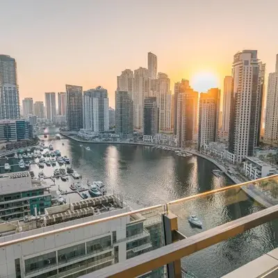 Dubai Marina Skyline with Sunset and Sunrise View