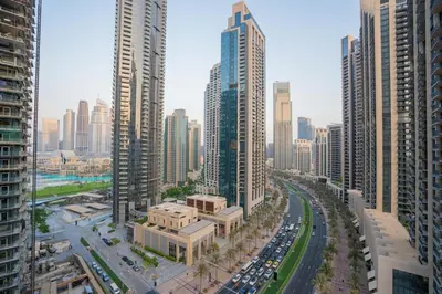 an aerial view of a city with tall buildings at Luxury 2BR at Burj Crown Sleeps 7 PS5 & 65-inch TV in Dubai