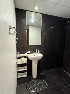 a bathroom with a sink and a mirror at Peaceful Cozy 1 BHK Pool Garden View Liwan Dubai Land in Dubai