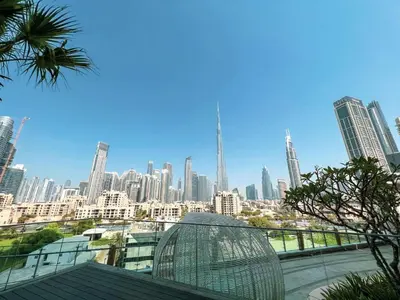 a view of a city skyline with skyscrapers at Stunning Studio facing Burj Khalifa in Dubai