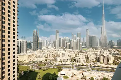 a view of a large city with tall buildings at Stunning Studio facing Burj Khalifa in Dubai
