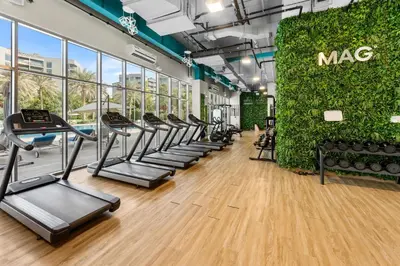 a gym with treadmills and a wall of plants at Brand New Designer Space with All Modern Amenities in Dubai