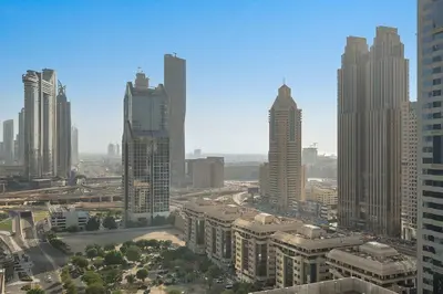 an aerial view of a city with tall buildings at Silkhaus Gamer's Dream Studio in Liberty House in Dubai