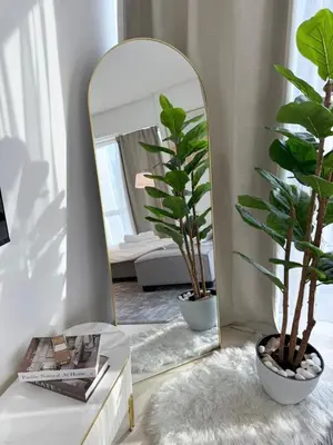 a mirror in a living room with two potted plants at One bedroom Apartment in Dubai Marina next to the Marina Mall in Dubai