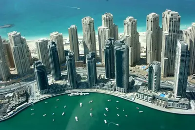 an aerial view of a city with tall buildings at Sansa Beach Home in Dubai